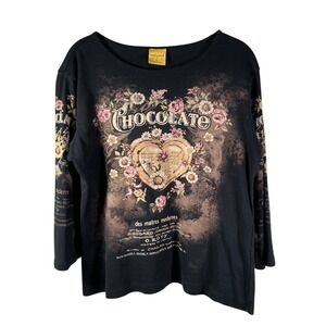 Katina Marie Floral Chocolate Rhinestone Print Long Sleeve Top Womens L USA Made